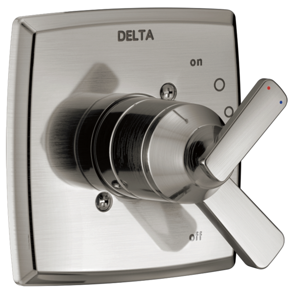 Delta Ashlyn Monitor 17 Series valve trim with brushed nickel finish, rotary knob, and lever handle in off position.