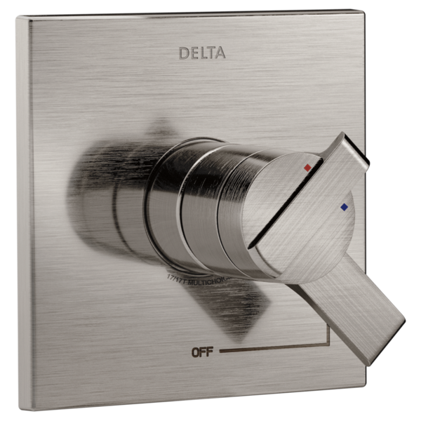 Delta Ara Monitor 17 Series valve trim with brushed nickel finish and single lever handle with temperature indicator dots.