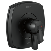 Black Delta Stryke shower valve with single lever handle and rectangular trim plate.