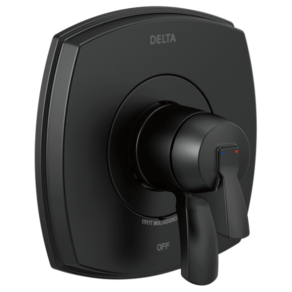 Black Delta Stryke shower valve with single lever handle and rectangular trim plate.