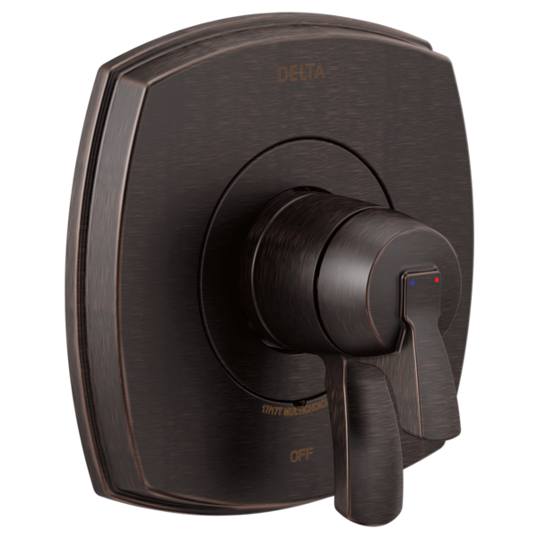 Delta Stryke 17 Series valve with rectangular trim plate and single lever handle in oil-rubbed bronze finish.
