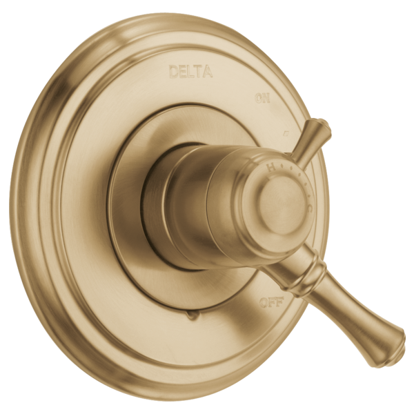 Champagne bronze round valve trim with lever handle and Delta branding on escutcheon plate.