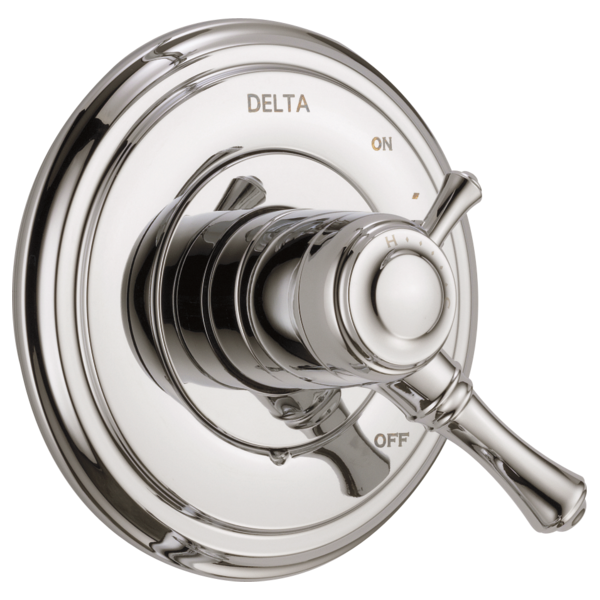 Chrome Delta Cassidy shower valve trim with circular trim ring, lever handle, and on/off markings.