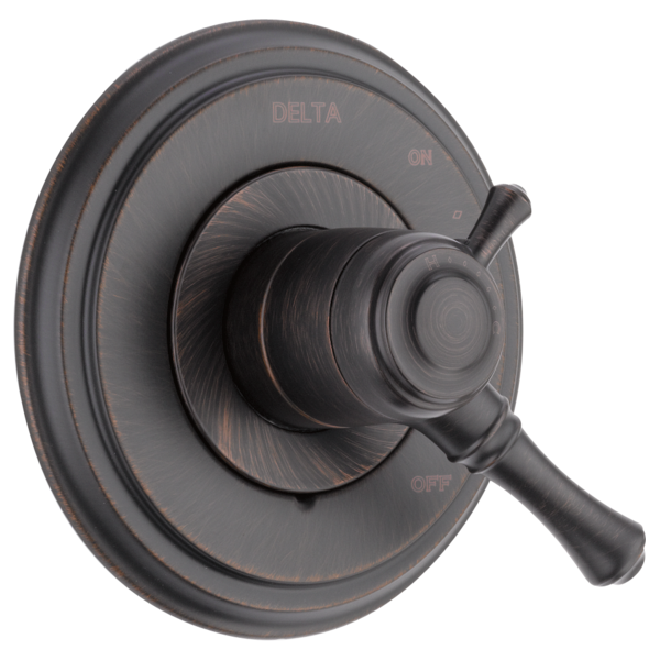 Delta Cassidy Monitor 17 Series valve trim with round escutcheon plate and lever handle in oil-rubbed bronze finish.