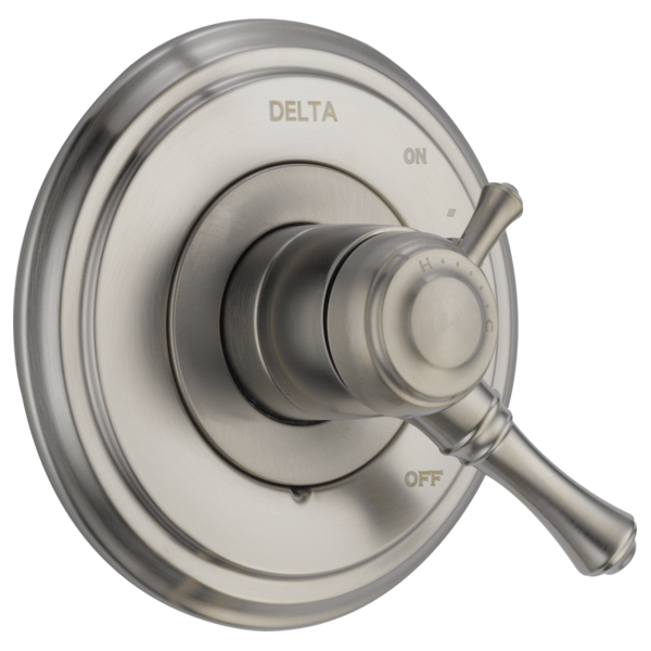 Brushed nickel Delta monitor valve trim with single lever handle and round escutcheon plate marked ON and OFF.