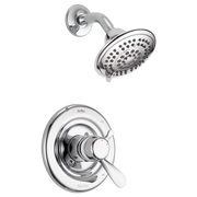 Chrome shower trim with round showerhead and lever handle valve control mounted on circular trim ring.