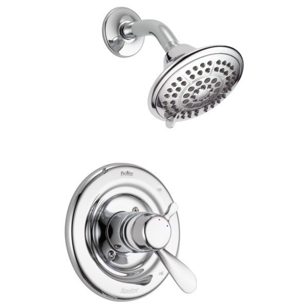 Chrome shower trim with round showerhead and lever handle valve control mounted on circular trim ring.