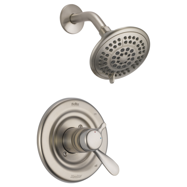 Brushed nickel shower trim with round showerhead and single-lever valve control on circular escutcheon.