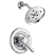 Chrome shower trim with round showerhead featuring multiple spray holes and matching circular valve trim with lever handle.