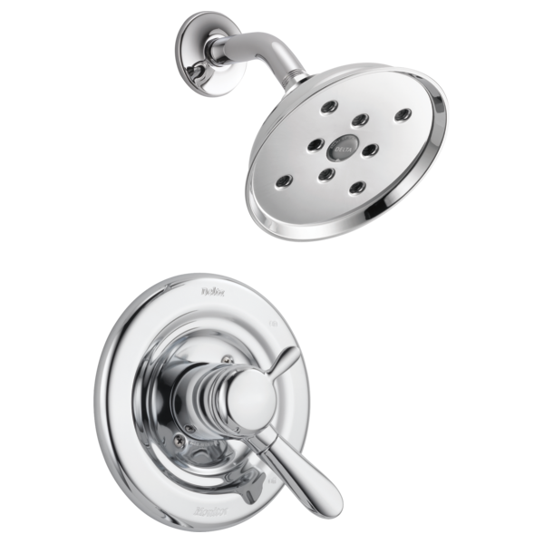 Chrome shower trim with round showerhead featuring multiple spray holes and matching circular valve trim with lever handle.