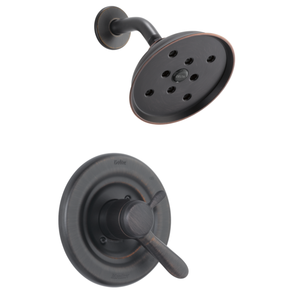 Black shower trim with round showerhead and wall-mounted valve control lever.