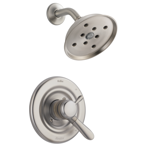 Brushed nickel shower trim with round showerhead featuring multiple spray holes and curved arm mount, plus valve trim with le