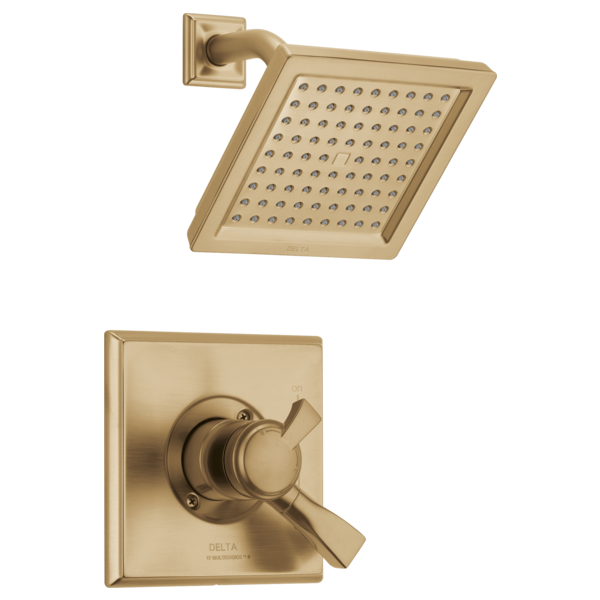Champagne bronze shower trim with square rainfall showerhead and single-lever valve control mounted on wall plate.