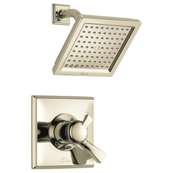 Square brushed nickel showerhead with multiple jets and matching wall-mounted valve trim with lever handle.