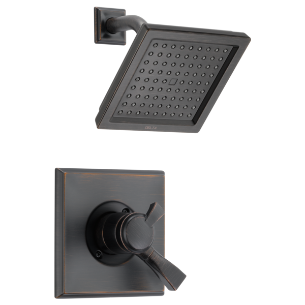 Black Delta Dryden shower trim with square rainfall showerhead and single-lever valve control on square escutcheon.