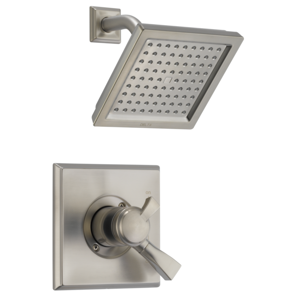 Brushed nickel shower trim with square showerhead and lever handle valve control mounted on wall plate.