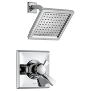 Chrome square showerhead with multiple jets mounted on curved arm, and matching wall-mounted trim valve with lever handle.