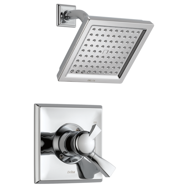 Chrome square showerhead with multiple jets mounted on curved arm, and matching wall-mounted trim valve with lever handle.