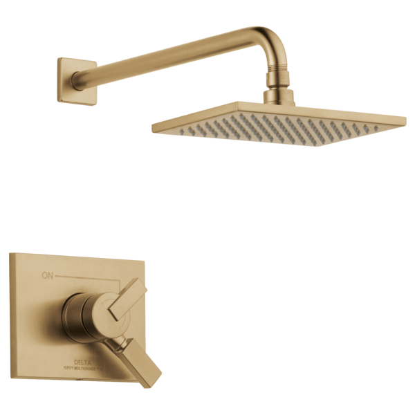 Champagne bronze shower trim with wall-mounted square showerhead, curved arm, and lever handle valve control.