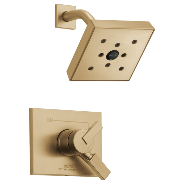 Champagne bronze Delta shower trim with square showerhead featuring multiple spray jets and matching lever handle valve contr
