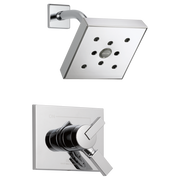Chrome shower trim with square showerhead featuring multiple spray jets and matching wall-mounted valve handle.