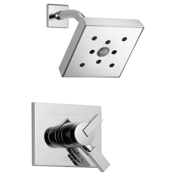 Chrome shower trim with square showerhead featuring multiple spray jets and matching wall-mounted valve handle.
