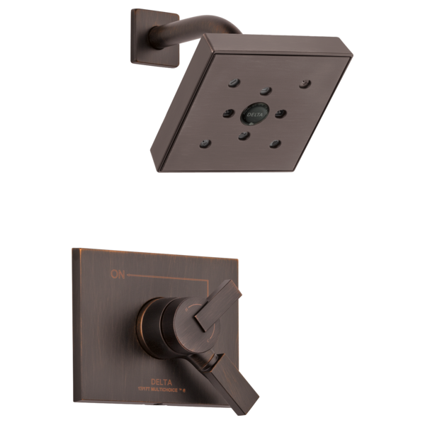Bronze square shower head with multiple jets and matching wall-mounted lever handle valve trim.