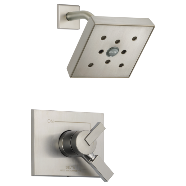 Brushed nickel shower trim with square showerhead and single-handle valve control.