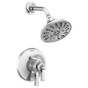 Chrome shower trim kit with round showerhead and wall-mounted valve control with lever handle.
