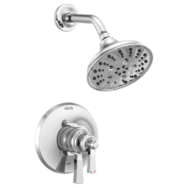 Chrome shower trim kit with round showerhead and wall-mounted valve control with lever handle.
