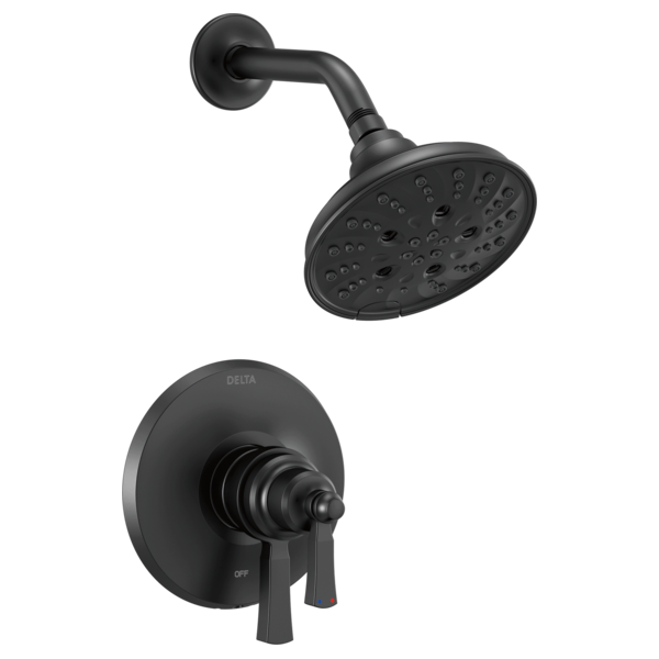 Black shower trim with round showerhead and wall-mounted control valve featuring two lever handles.