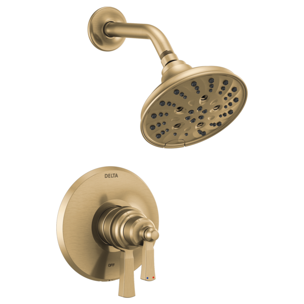 Champagne bronze shower trim with round showerhead and valve trim featuring lever handle.