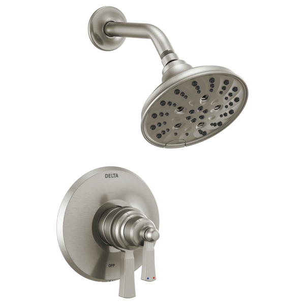 Brushed nickel shower trim with round showerhead and wall-mounted valve control lever.