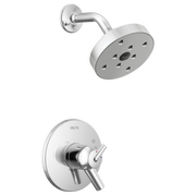 Chrome shower trim with round showerhead and wall-mounted control valve with lever handle.