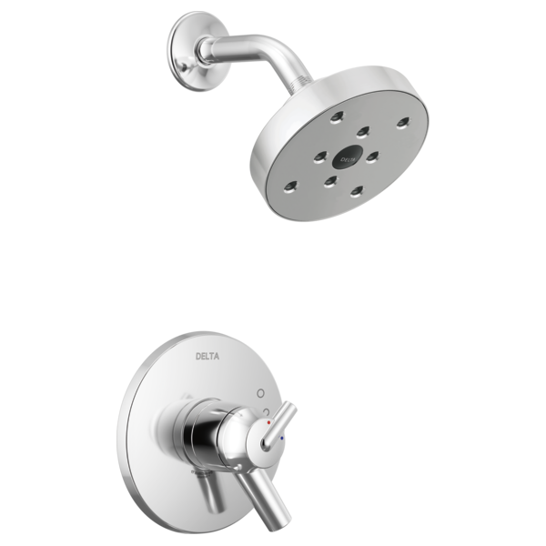 Chrome shower trim with round showerhead and wall-mounted control valve with lever handle.