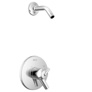 Chrome shower trim with curved arm and wall-mounted control valve with temperature and volume handles.