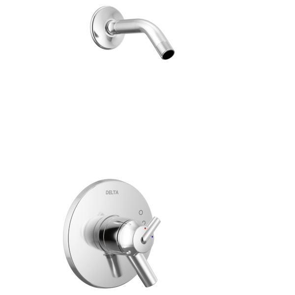 Chrome shower trim with curved arm and wall-mounted control valve with temperature and volume handles.