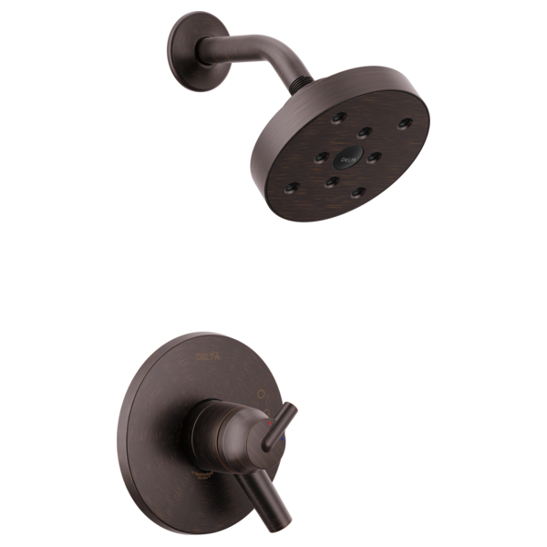 Dark bronze shower trim with round showerhead, curved arm, and lever handle control valve.