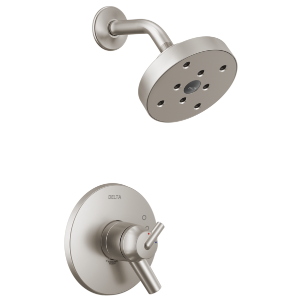 Brushed nickel shower trim with round showerhead and circular valve trim plate with lever handle.