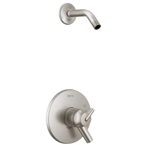 Brushed nickel shower valve trim with curved arm and round escutcheon plate with lever handle, no showerhead included.