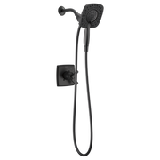 Black matte shower trim with square valve control, overhead rainfall showerhead, and handheld shower connected by hose.