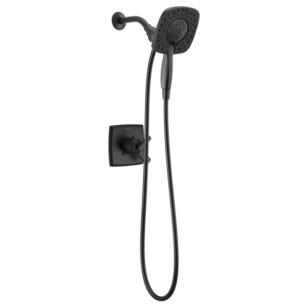 Black matte shower trim with square valve control, overhead rainfall showerhead, and handheld shower connected by hose.
