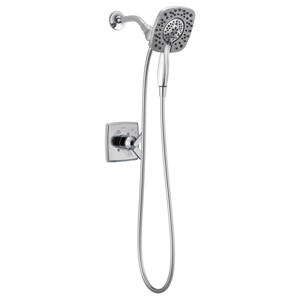 Chrome tub and shower trim with square wall mount valve, curved shower arm, and dual showerheads connected by hose.