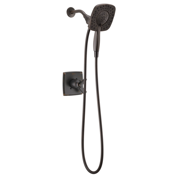 Oil-rubbed bronze shower trim with square valve body, curved arm, and dual showerhead with handheld spray attachment.