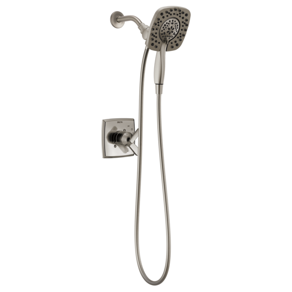 Brushed nickel tub and shower trim with square valve, fixed showerhead, and handheld shower on hose.