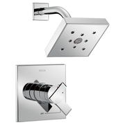 Chrome shower trim with square wall plate, curved arm, and rectangular showerhead with multiple spray jets.