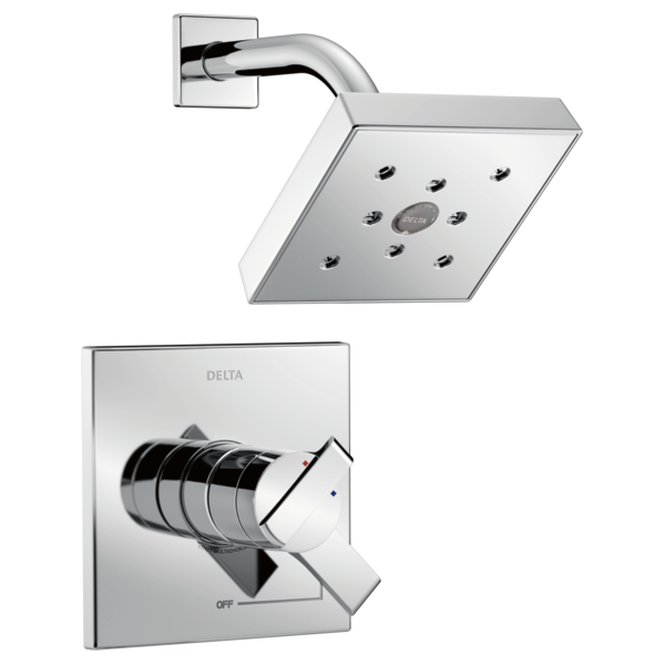 Chrome shower trim with square wall plate, curved arm, and rectangular showerhead with multiple spray jets.
