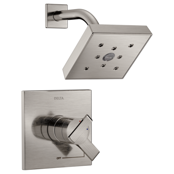 Brushed nickel shower trim with square wall-mounted control valve and multi-jet showerhead with curved arm.