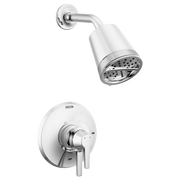 Chrome shower head with perforated face and curved arm mounted to wall; round trim plate with control lever below.