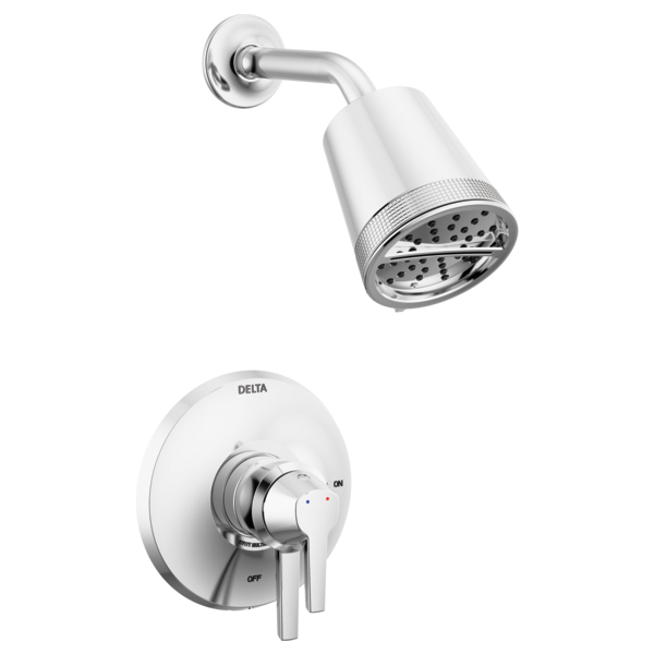 Chrome shower head with perforated face and curved arm mounted to wall; round trim plate with control lever below.